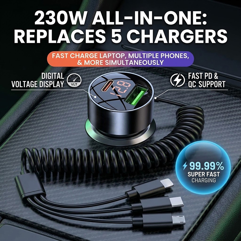 3-in-1 Coiled Car Charger with - đánh giá và giá Laptop Charger